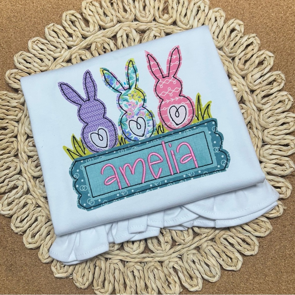 New appliqué Bunny Trio spring/Easter shirt made to order.